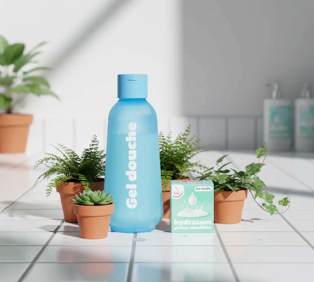 Un flacon de gel douche 900.care posé dans une salle de bain lumineuse entourée de plantes