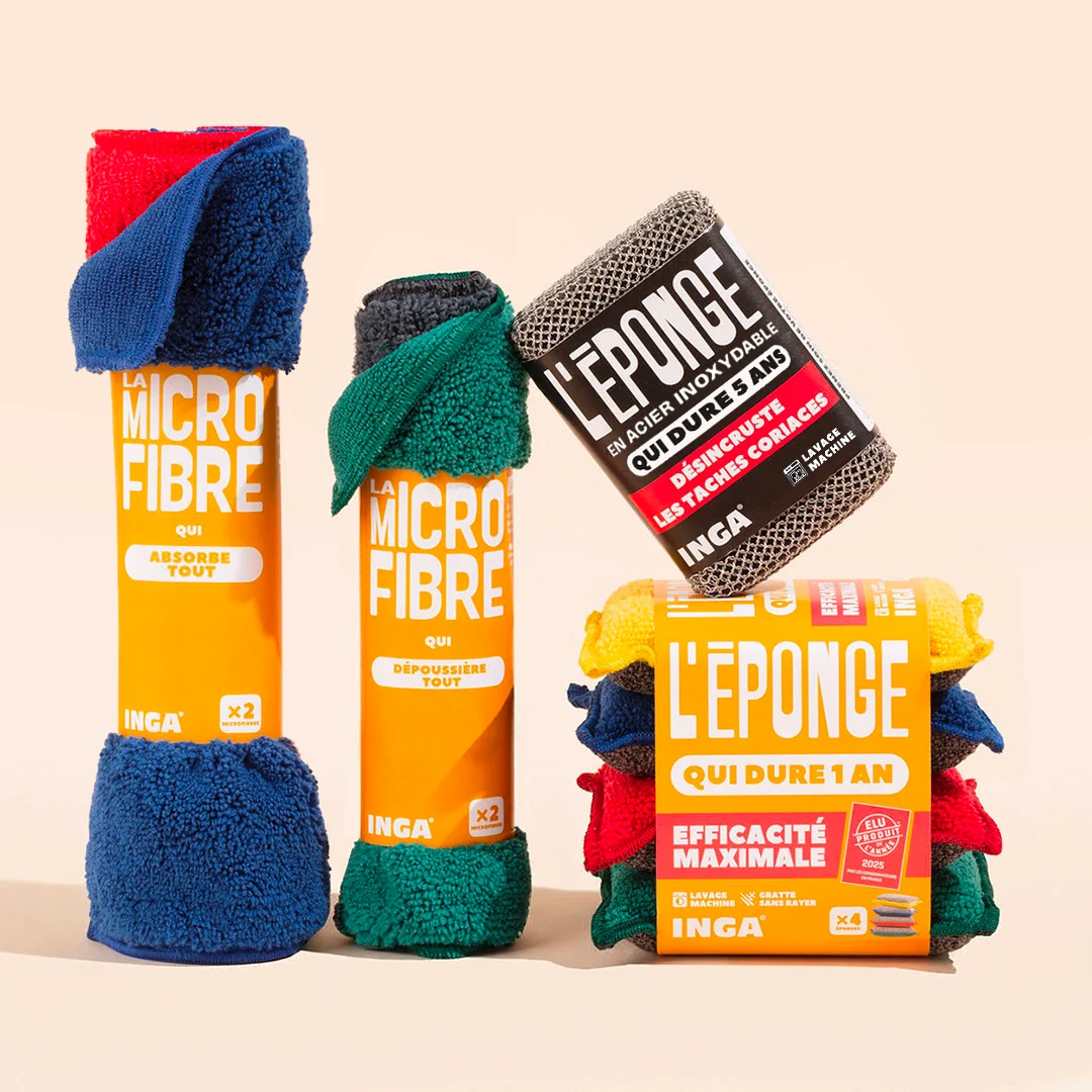 La gamme Inga : microfibres, éponge acier et éponges lavables colorées