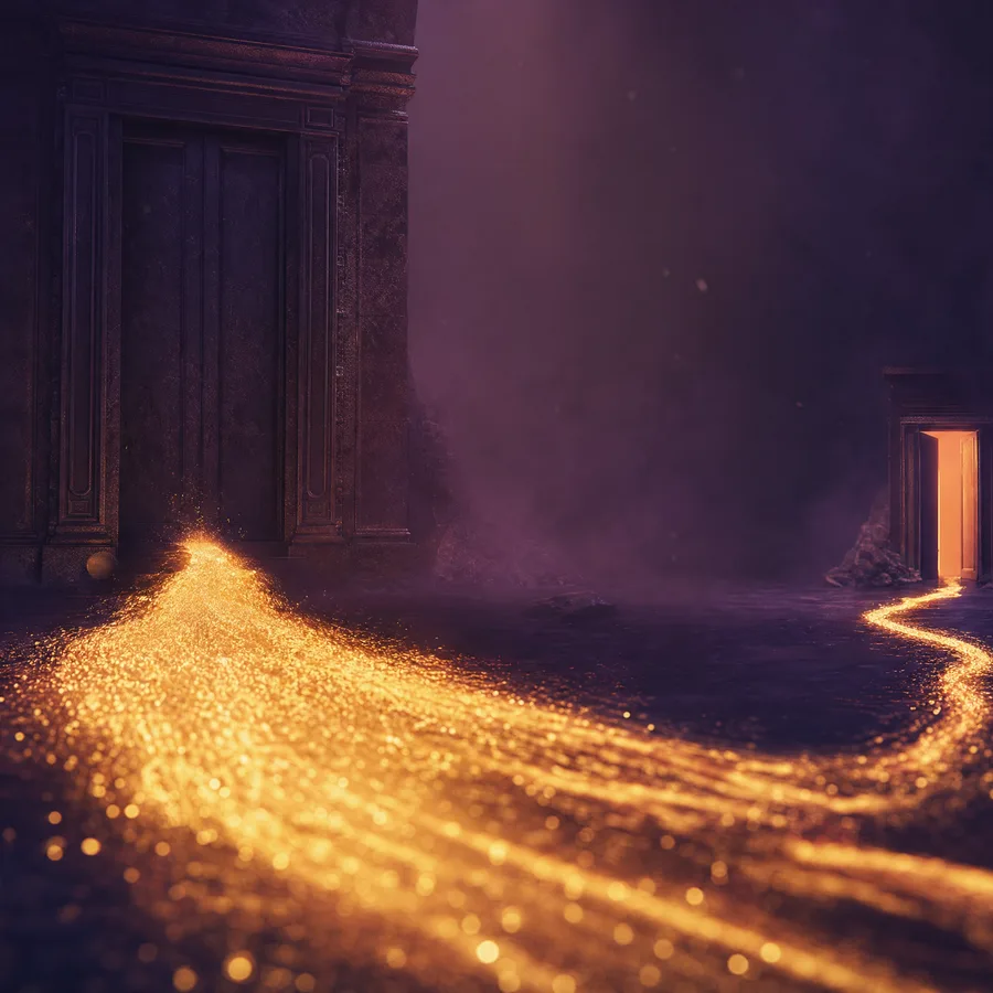 Un fleuve massif de lumière dorée s'engouffre dans une immense porte fermée, tandis qu'un mince filet atteint une petite porte ouverte et éclairée