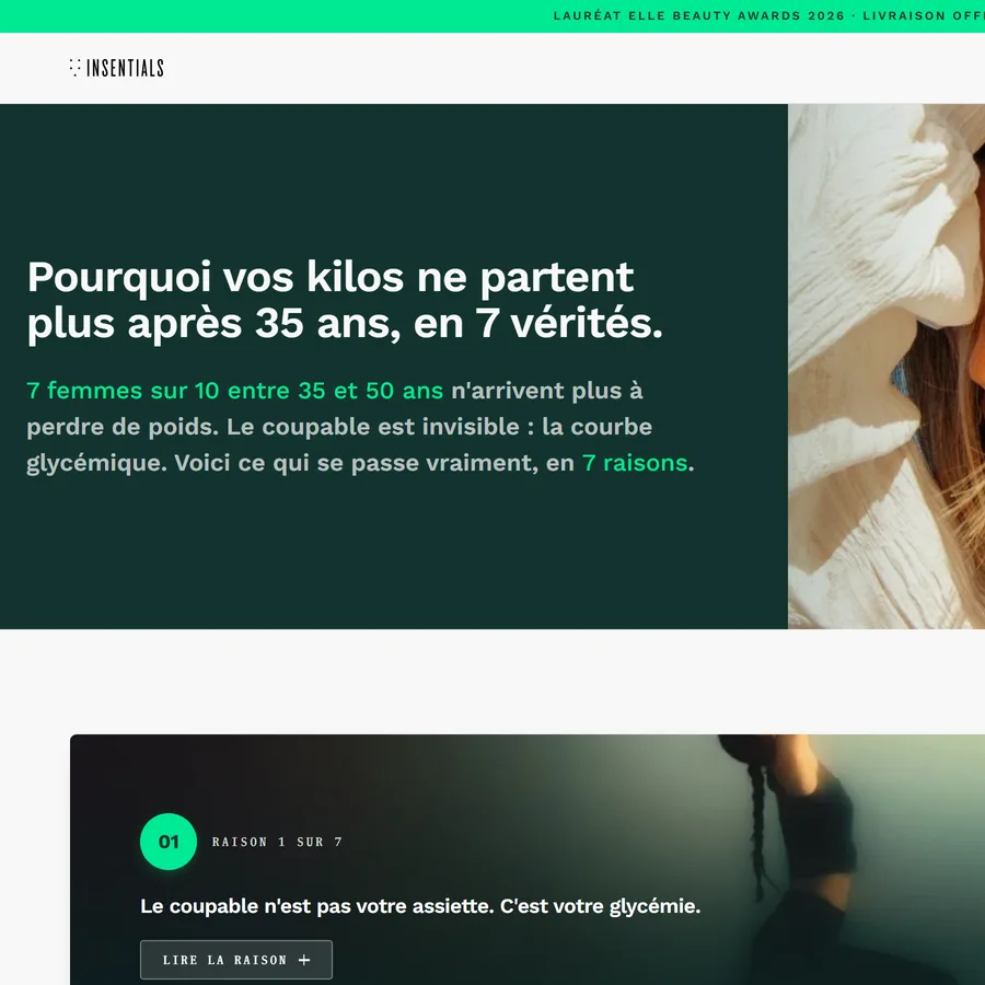 La landing page listicle Insentials en ligne, titrée « Pourquoi les kilos ne partent plus après 35 ans, en 7 vérités »